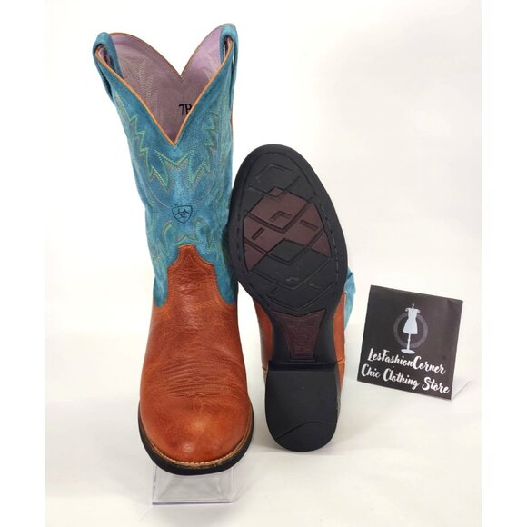 Ariat Women's Blue and Brown Leather Cowgirl Embroidered Wester Boots Sz 7B 1552 - Picture 4 of 15